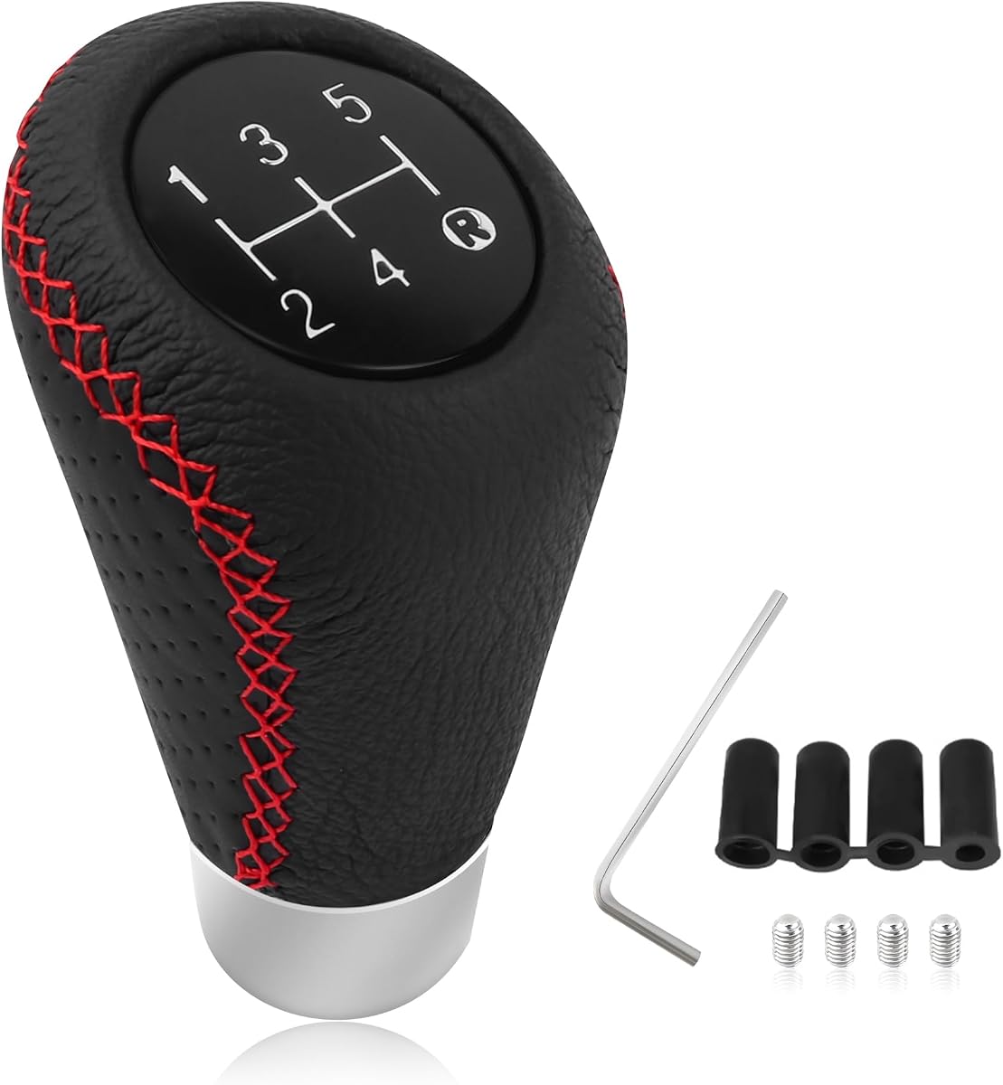 Car Gear Shift Knob with 4 Adaptive Parts,Leather 5 Speed Shift Knobs for Replacement Broken Shifter Knobs,Universal Non-Slip Manual Shift Knob Car Interior Accessories for Most Vehicles (Black/Red)