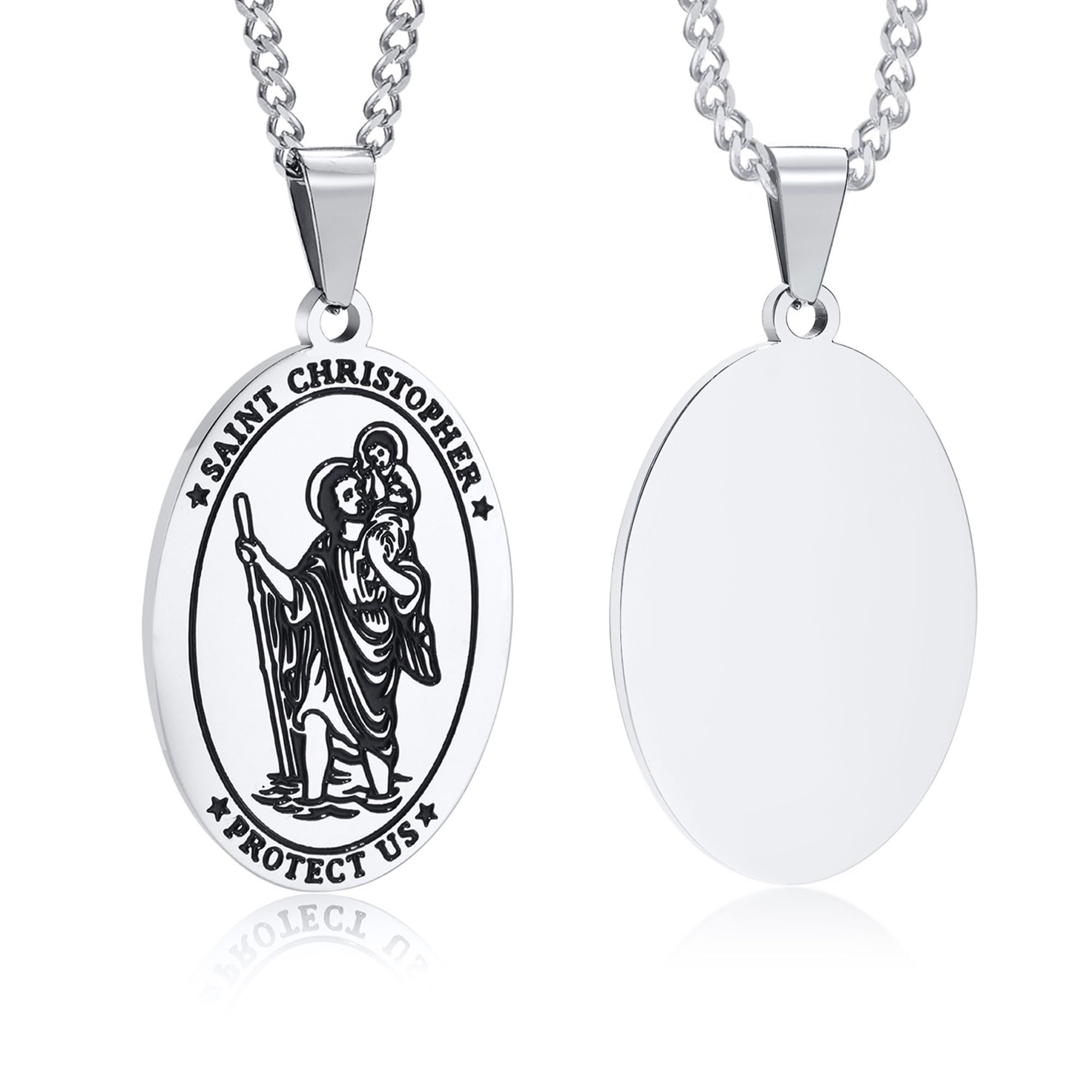 XUANPAI St. Christopher Silver Necklace for Men Boys - Stainless Steel Dog Tag Pendant with Chain, Personalized Christening Gifts Baptism Gift for Godson, Talisman Pendant Mens Necklace