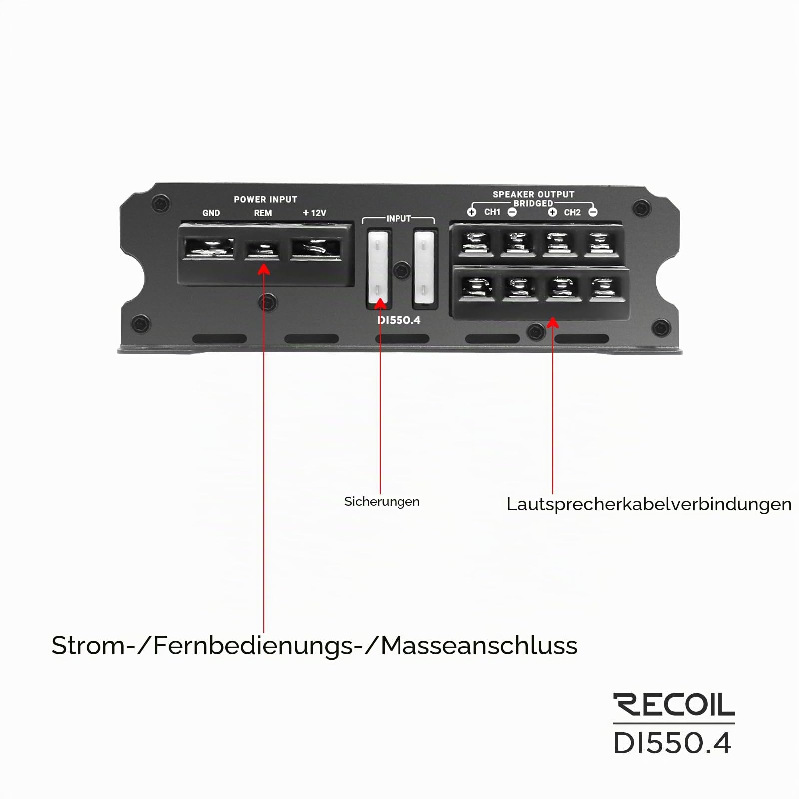RECOIL DI550.4 Full-Range Class-D 4-Kanal Auto-Audioverstärker, 1.040 Watt Max. Leistung, 2-4 Ohm stabil, Mosfet-Stromversorgung, brückbar | MOSFET Netzteil, HPF LPF Crossover, Bas-EQ, Schutzschaltung, Bridgeable, 130Wx4@2Ohm, 80Wx4@4Ohm, 260Wx2@4Ohm