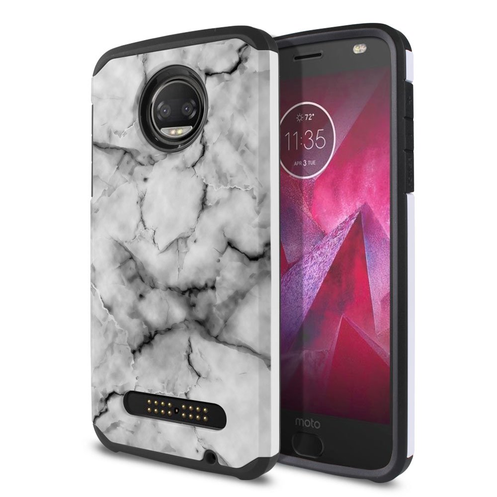 FINCIBO Case Compatible with Motorola Moto Z2 Force 2nd Gen 2017, Dual Layer Hard Back Hybrid Protector Case Cover Anti Shock TPU for Moto Z2 Force 2017 (NOT FIT Z Force 2016) - Gray White Marble