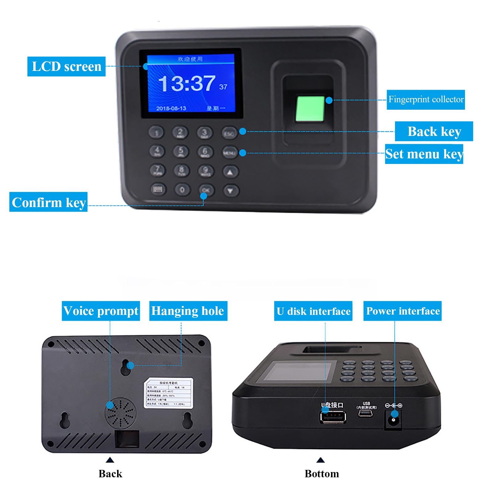 Máquina de asistencia de empleados para pequeñas empresas, soporte multilingüe, generación automatizada de informes, no requiere software, fácil registro de entrada y salida
