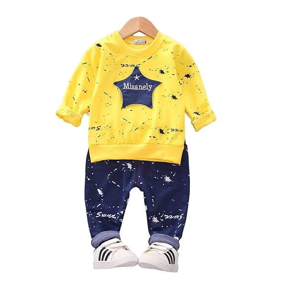 Googogaaga Boys Cotton Full Sleeves Sweatshirt with Pant Set in Yellow Color