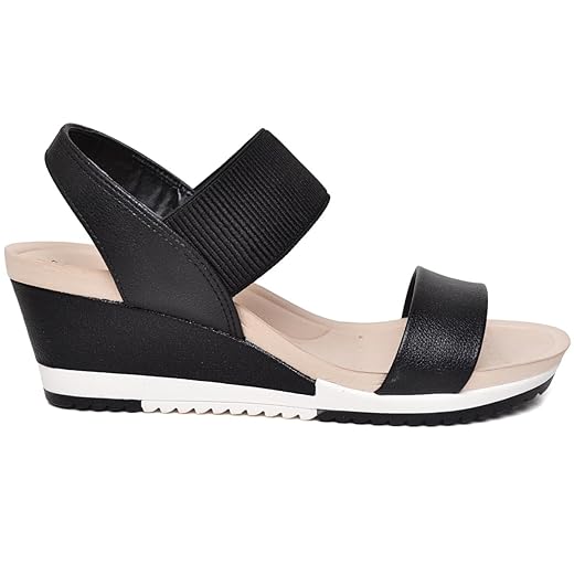 Sandália Plataforma Anabela Feminina Modare Tiras Elásticas Preto e Branco Sola Antiderrapante