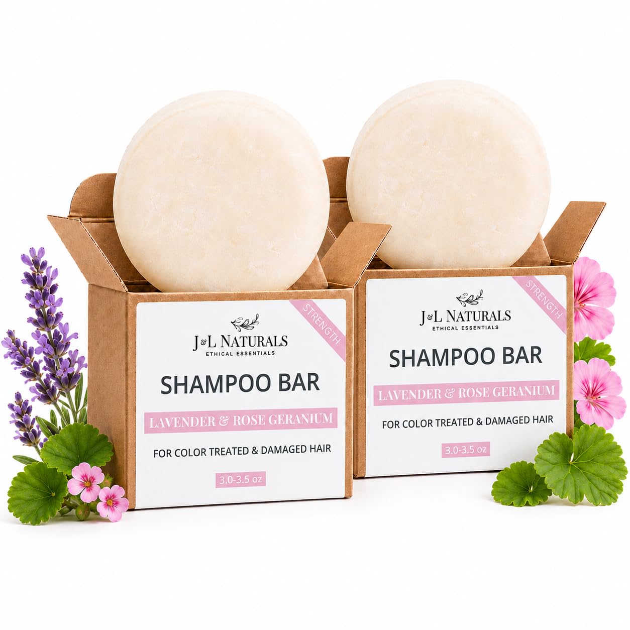J&L Naturals Sulfate-Free Solid Shampoo Bar - Zero Waste - All Hair Types - Made in US, Plastic Free, Vegan, Cruelty-Free, Sustainable Hair Care (Strength (Lavender & Rose Geranium), 2-Pack Duo)