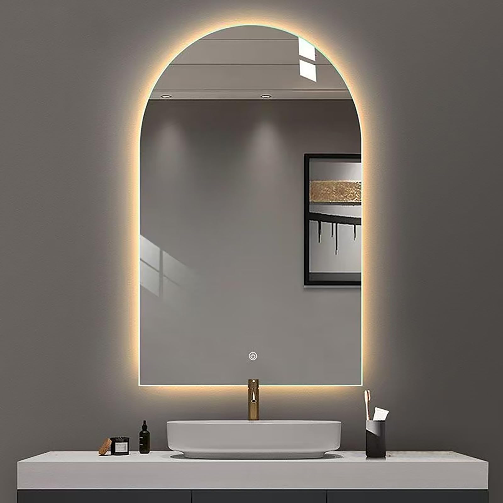WQZzjm LED Bathroom Mirror, Arched WallMounted Vanity Mirror with Touch Sensor, AntiFog, Design, 3 Color Temperatures (3000K4000K6000K), 50 x 90 cm (3 Colours 60L x 40W cm)