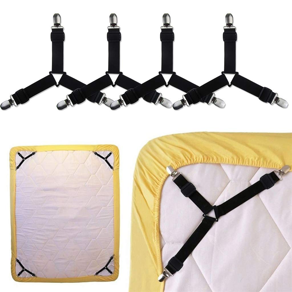 HASTHIP Adjustable Bed Sheet Holder Straps and 3 Way Mattress Cover Holder Fasteners, Bed Sheet Keeper with Heavy Duty Grippers Clips, Triangle (4pc/Set, Free Size, Black)-image-16