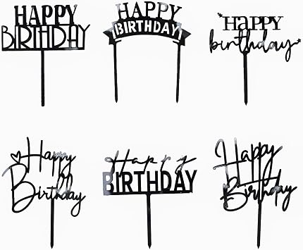 Black Birthday Cake Topper, 6pcs Acrylic Birthday Cake Toppers Happy Birth Cake Toppers for Party Decorations