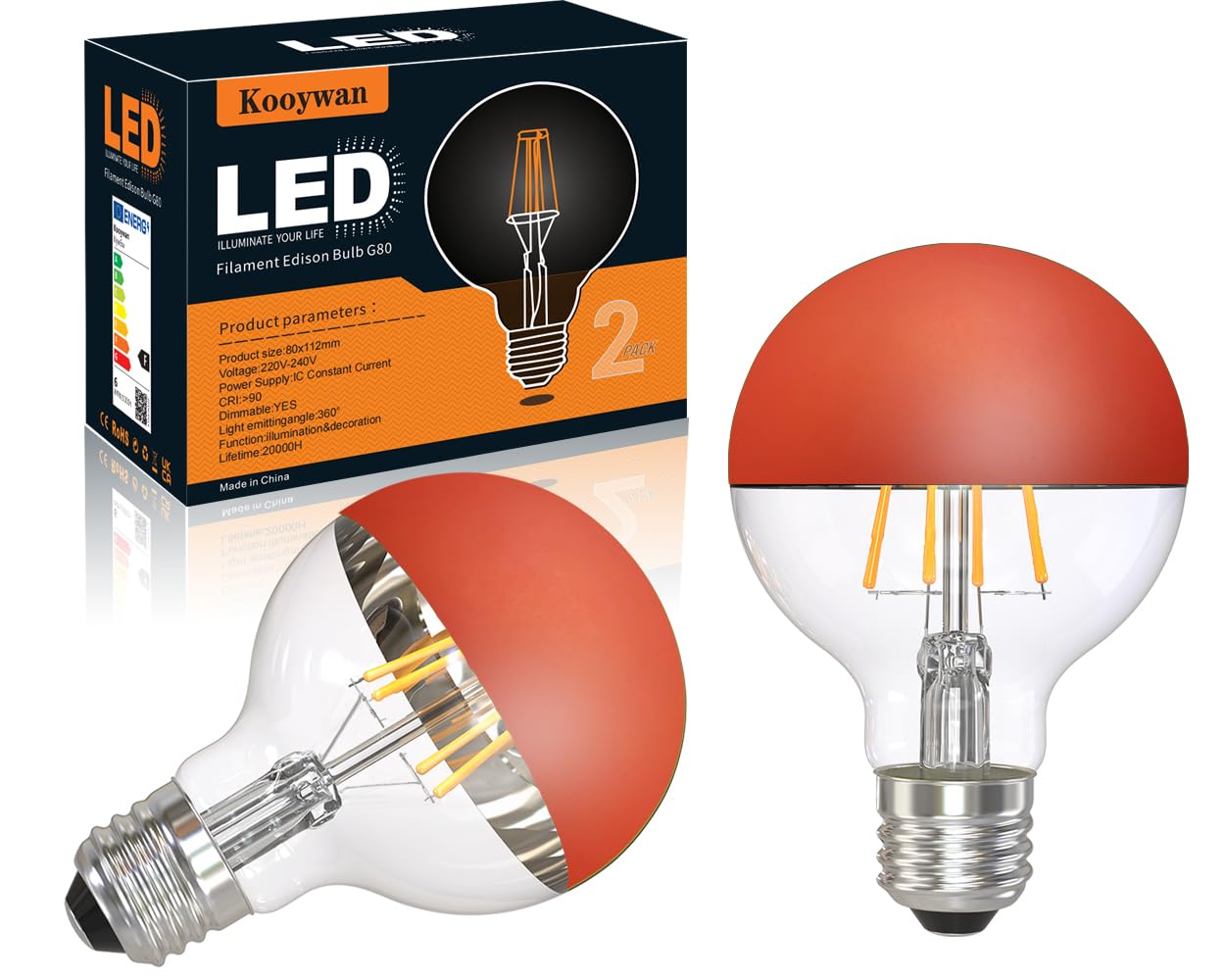 Lampada a LED G80 Filamento LED E27 6W 2700K testa specchiata Arancione dimmerabile 2pcs
