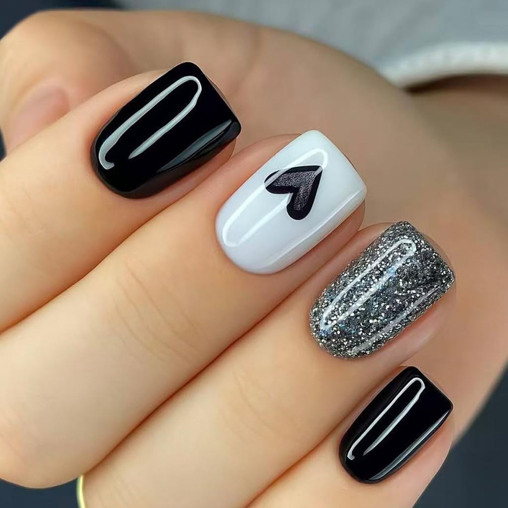 24PCS Black Heart Long Lasting ABS False Nails for Parties, Daily Wear & Sensitive Skin
