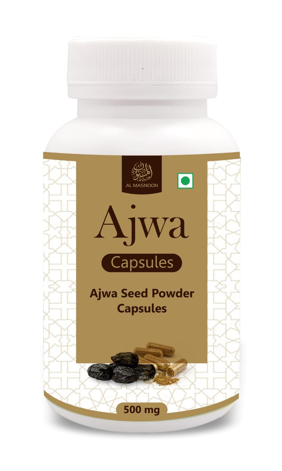 AL MASNOON Ajwa Seed Capsules/Ajwa Seed Powder 500mg vegetarian capsules (Pack of 60)