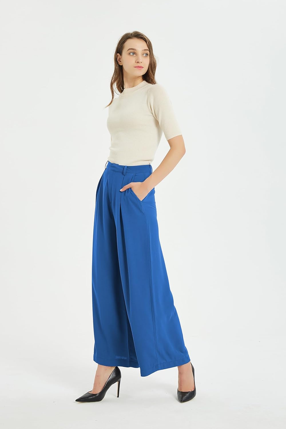 Tronjori Women High Waist Casual Wide Leg Long Palazzo Pants Trousers Regular Size - Image 3