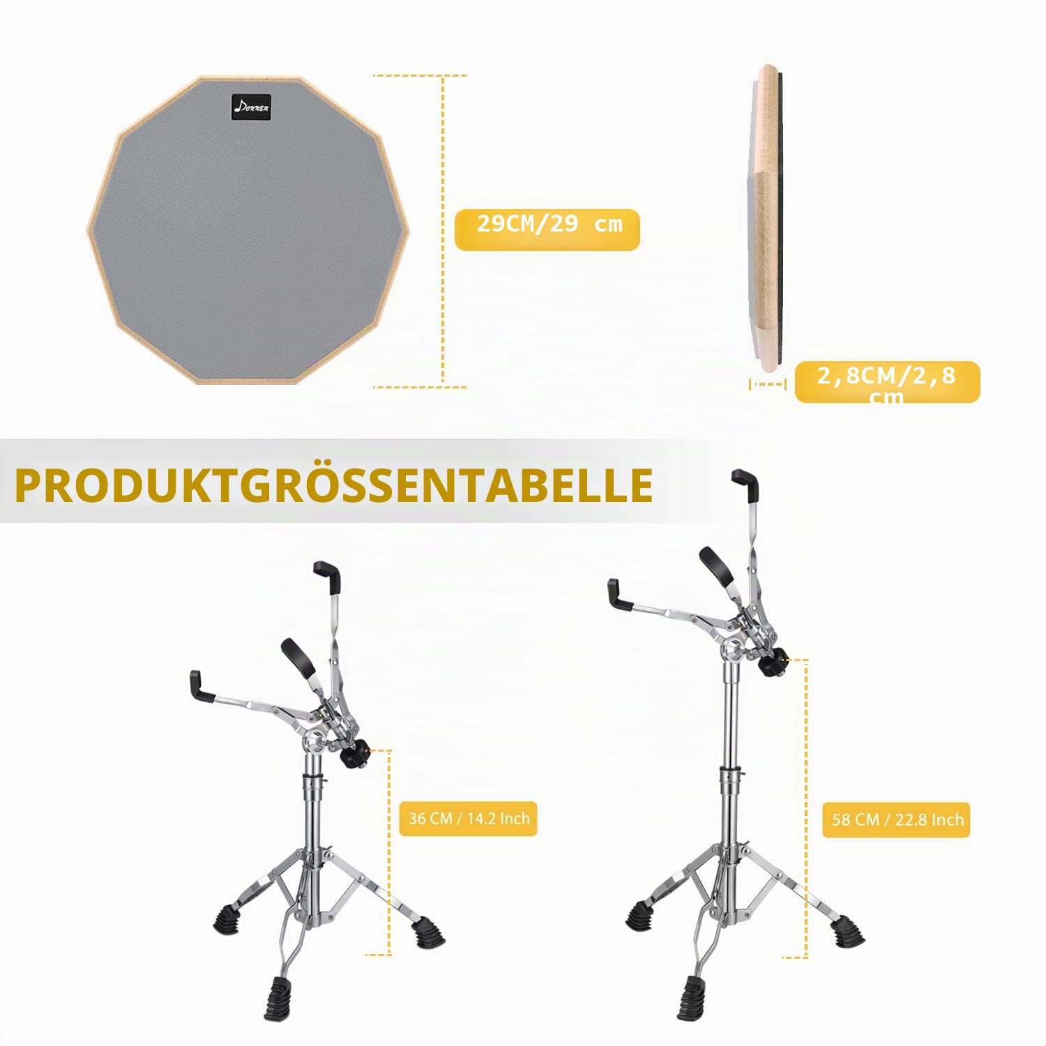 Donner Drum Practice Pad mit Snare Drum Ständer Kit, 3 Paar Drumsticks mit Tasche, Drum Gele