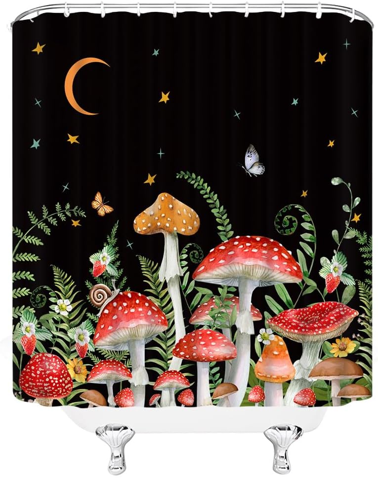 Mushroom Shower Curtain Butterfly Floral Moon Stars Boho Retro Botanical Wildflowers Plant Fabric Bathroom Decor Set with Hooks(74.8" Wx70 H)