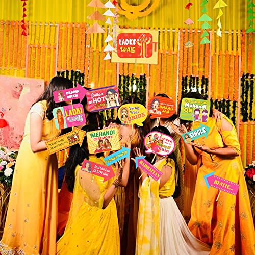 Image of Rozi Decoration Mehndi Ceremony Photobooth Props Set of 15 Sticks for The Bride and Her Family, Pre-Wedding Photographic, Haldi Mehndi Wedding Pack of 1