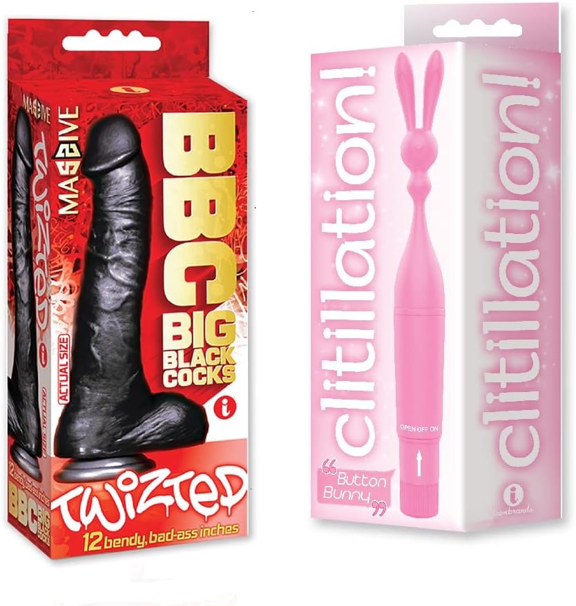 Sex Toy Gift Set Bundle of Big Black Cock Twizted 11 Inch Dildo and Icon Brands Clitillation! Button Bunny Clitoral Stimulator