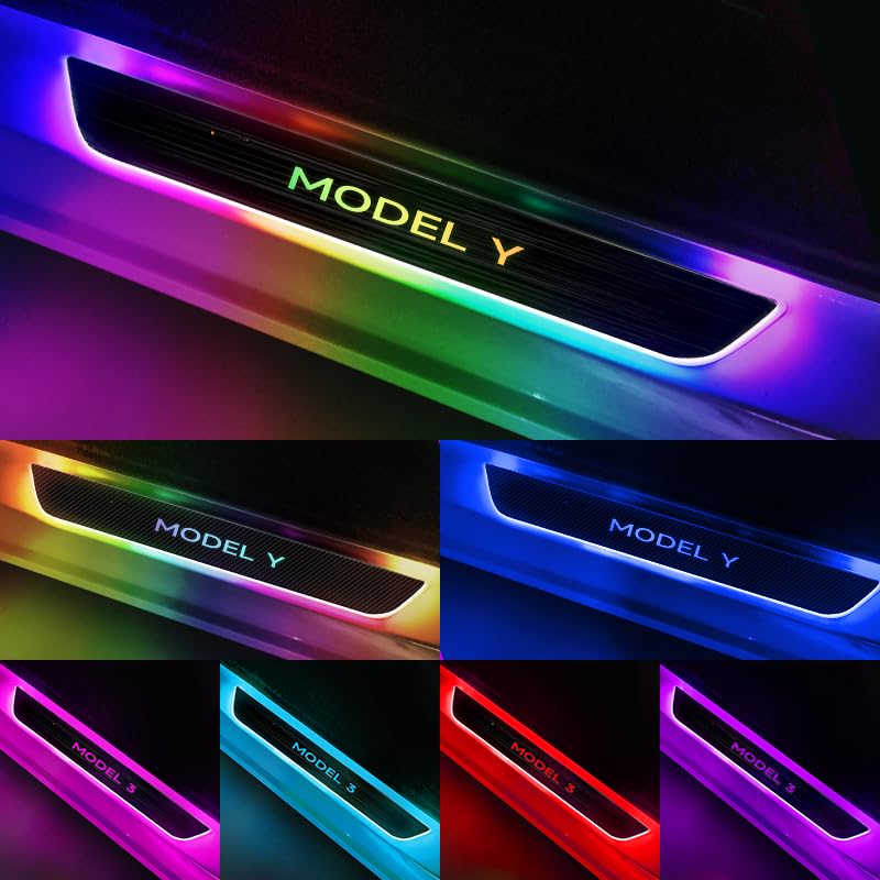 LED Car Door Sill Lights for Tesla Model Y/3 Car Door Sill Protector Led Door Sills for Tesla Y/3 Car Threshold Lights RGB Car Threshold Pedal Lamp Welcome Scuff Plate Pedal (Model 3, 4PCS)