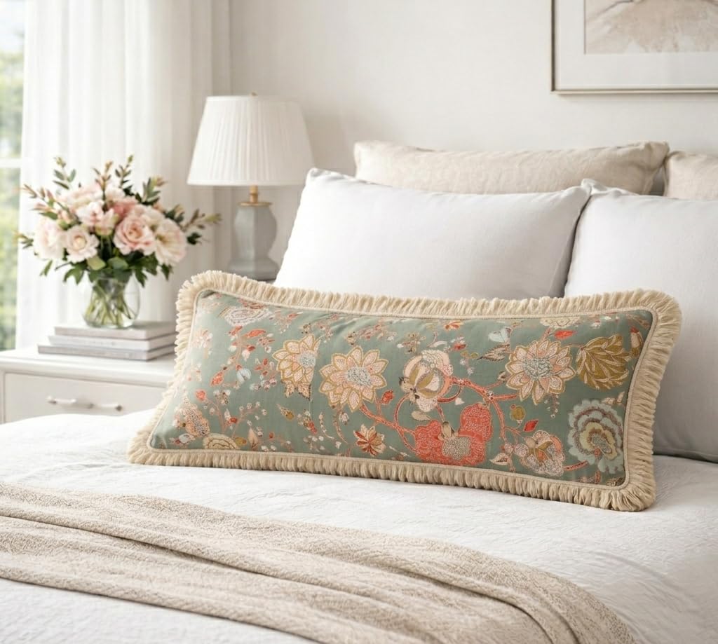 WWW.THROWPILLOW.IN Sage Green Cotton Vintage Floral Cushion Cover with Fringe Border Decorative Pillow Cover for Sofa Living Room Bedroom Rectangle Cushion with Filler Insert 12x30 Inches-image-0