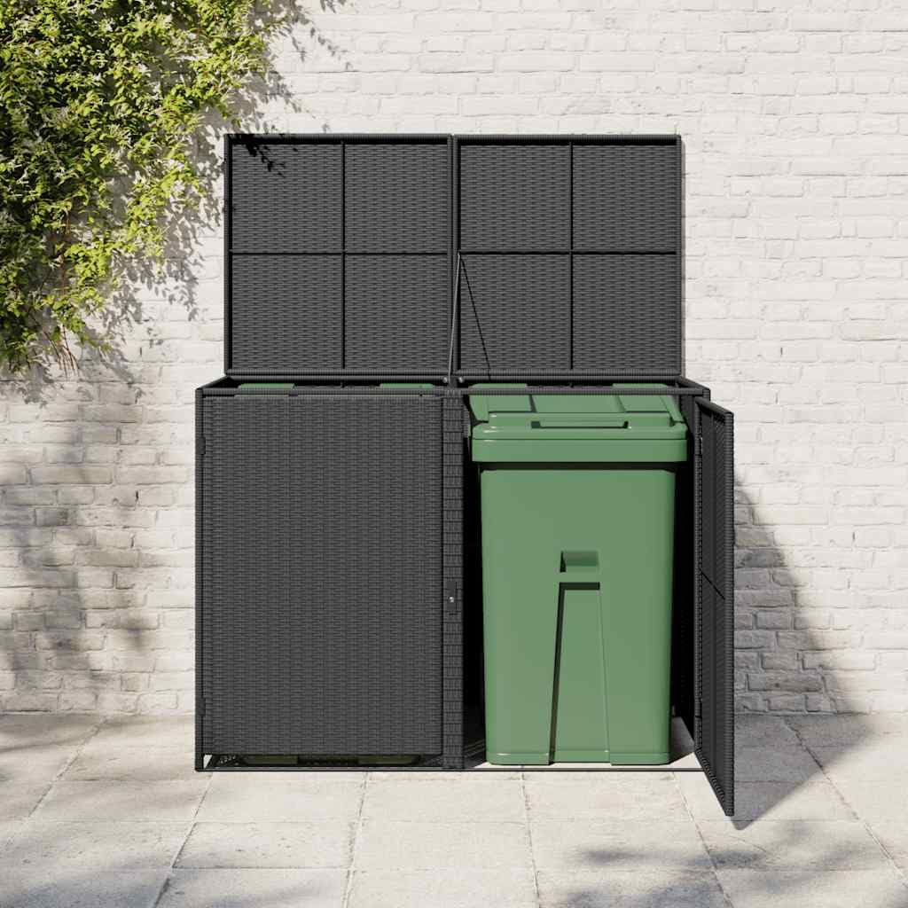 Mülltonnenbox für 2 Tonnen mit Türen und Schließsystem, Poly Rattan Schwarz 148x80x111 cm, Gartenlagerung