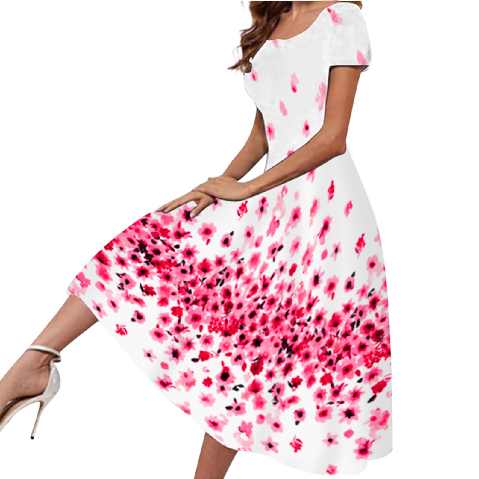 QWUVEDS Vestido de verano para mujer, estilo bohemio, cuello cuadrado, estampado floral y plumas, línea A, manga corta, suelto, largo, vestido de verano, vestido de playa, vestido de suéter para mujer