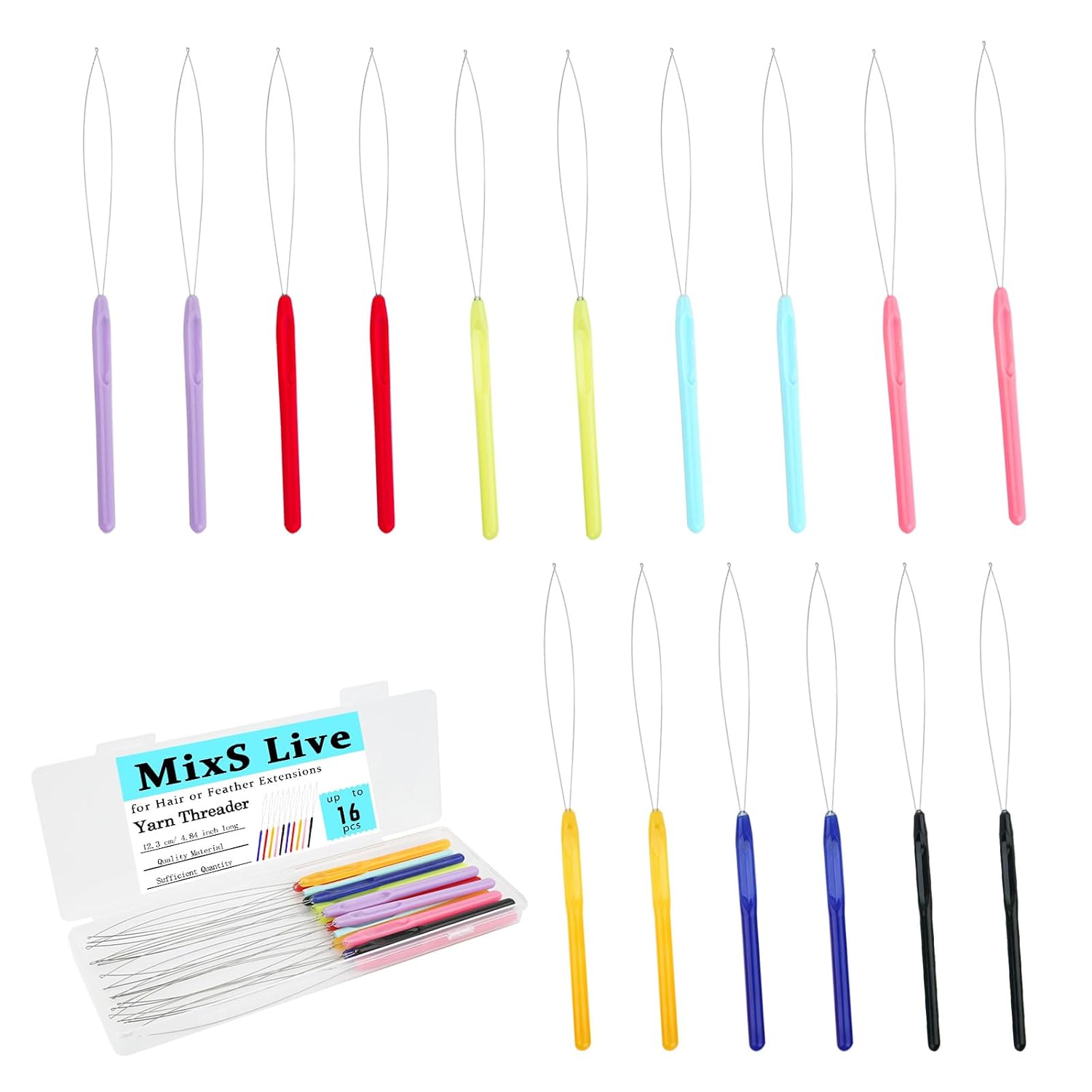 16pcs Hair Extension Loop Needle Threader - 8 Color Plastic Threader Tool for Embroidery, Craft, Quilting, Knitting, Feather Extensions, DIY Craft, Micro Rings, Tufting Gun, Braiding Tools