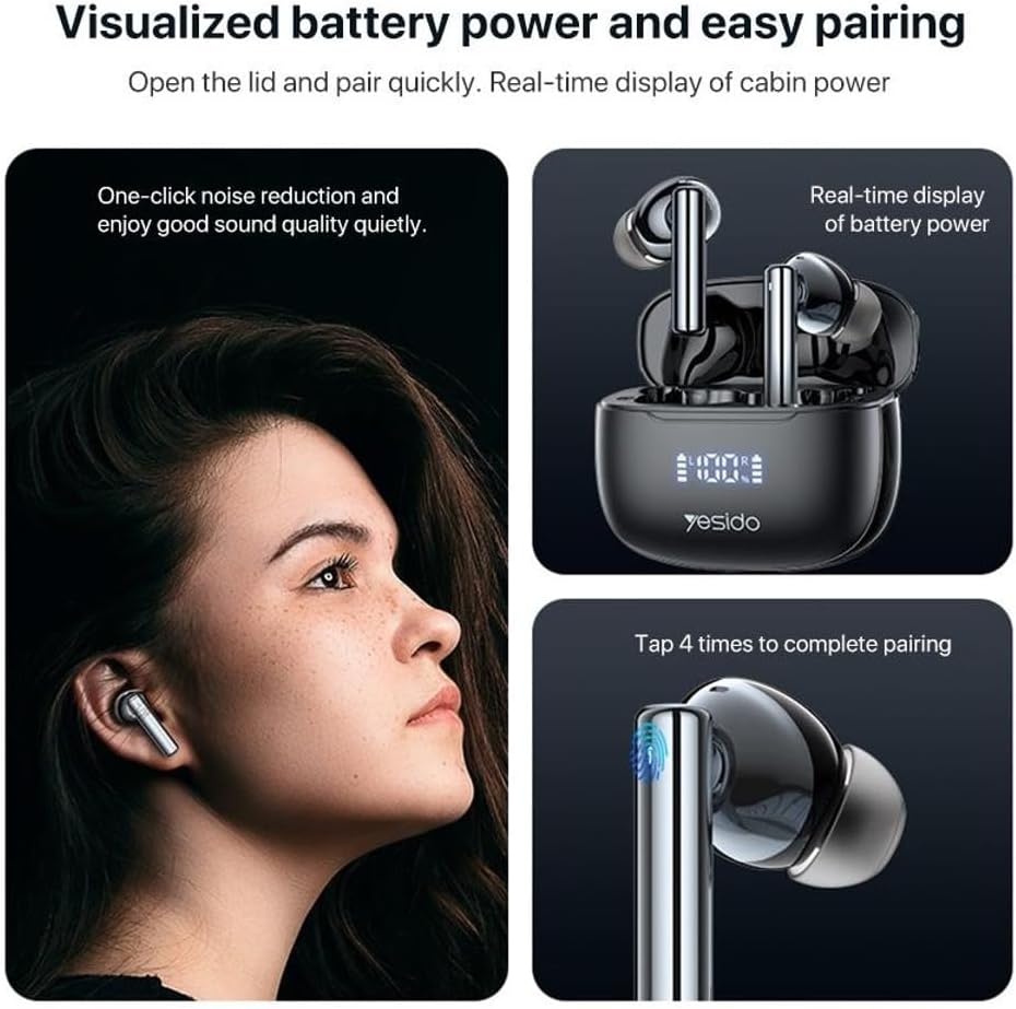 Visual guide for YESIDO TWS23 pairing and battery display