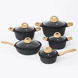 Conjunto de Panelas Ceramica Antiaderente Jogo de 5 Peças Granito Serve Para Fogão Indução, Fogão a Gás - Cor Preto