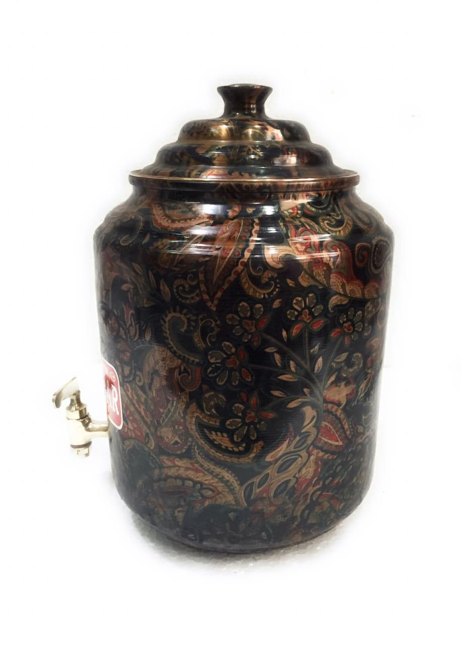 100% Copper Printed Design Health Benefit Water Dispenser Pot Copper Matka Water Tank Drinking Water Storage Home Restaurant Hotel Use (4 Liter)