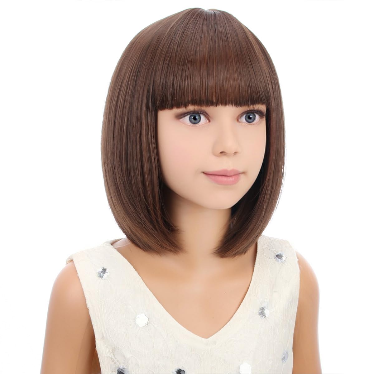 Kids Short Brown Bob Wig Child Girls Chocolate Brown Bob wig with Bangs Cosplay Party Synthetic Wig Rose Net Daily Wear Wig - Image 2