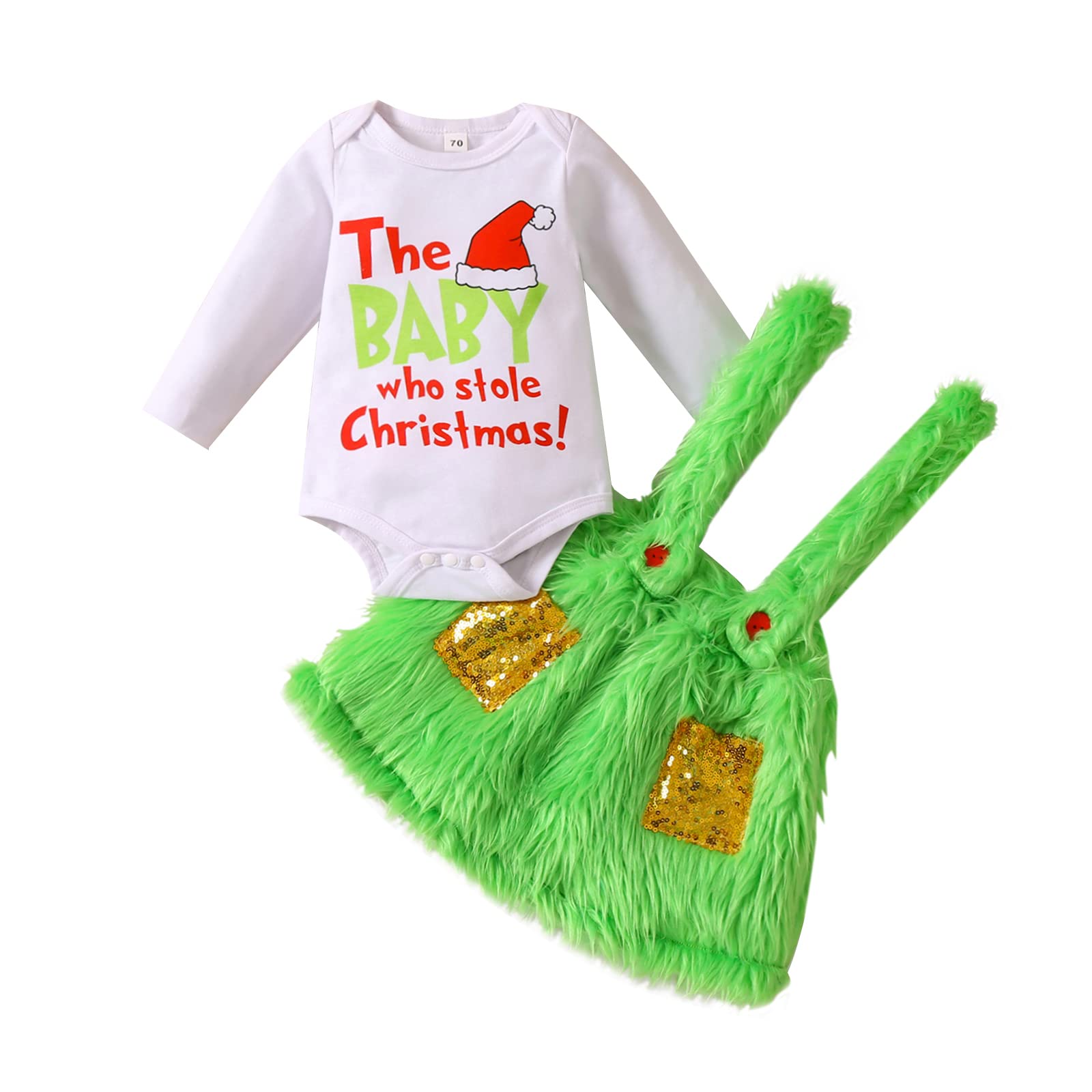 Michellecmm Infant Baby Boy Girl Cosutmes Funny Christmas Cosplay Party Green Monster Baby Who Stole Christmas Furry Outfit (Bb Green Skirt Set, 12-18 Months)