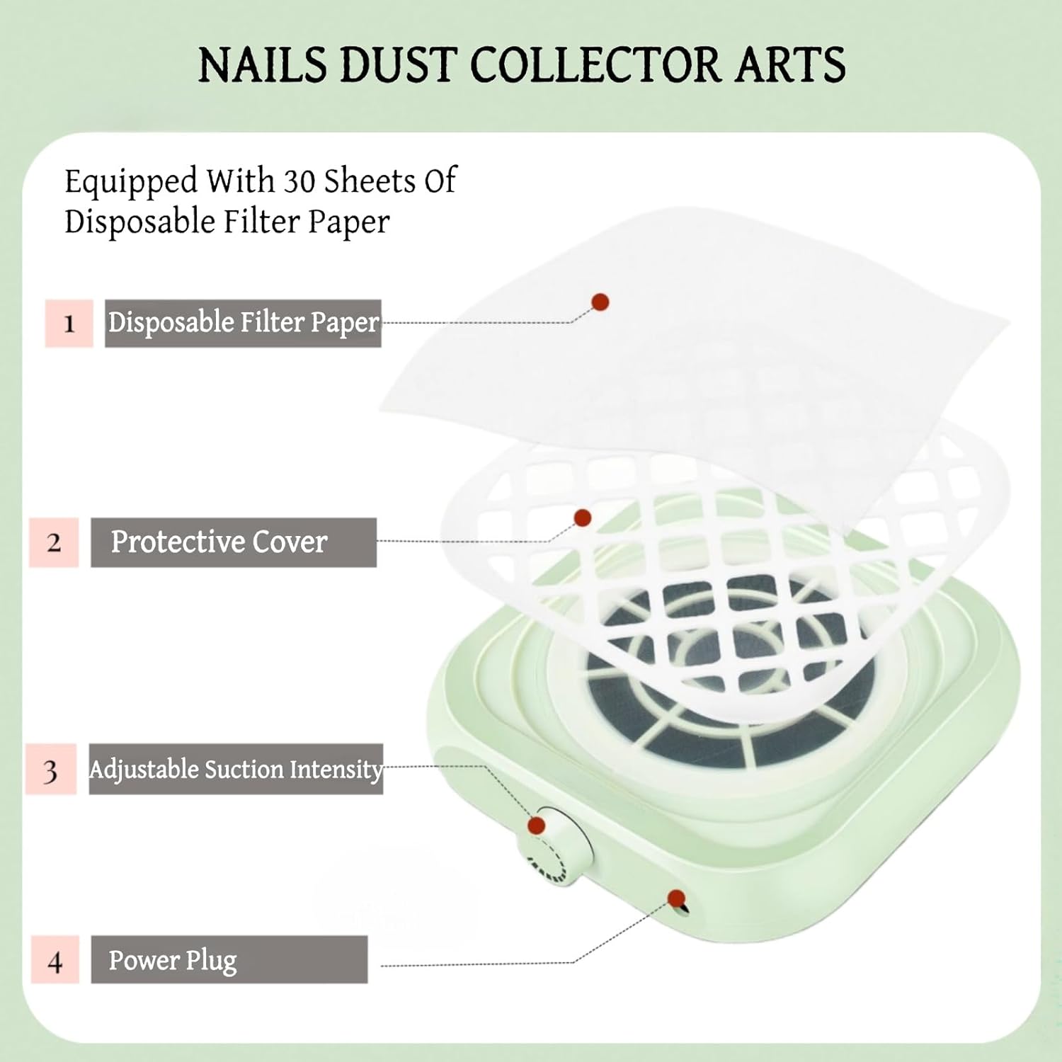 Nail Dust Collector, Quiet & Powerful Dust Collector Nail Tech for Beginner with 30PCS Filter Pads and Cleaning Brush, Nail Vacuum Cleaner for Acrylic Nail Polishing Salon Home