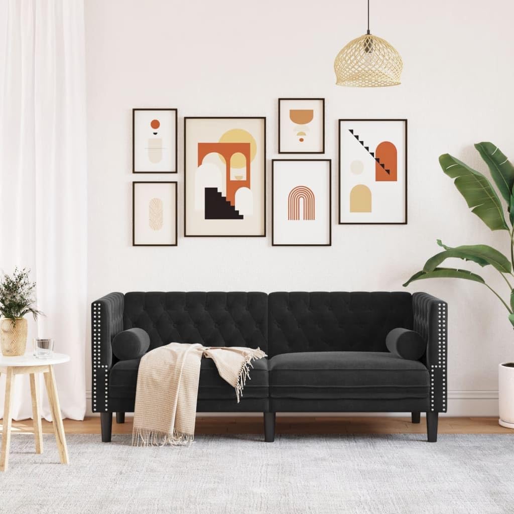 Canapé 2 Places, Causeuse de Salon Fauteuil Sofa 2 Places Chesterfield avec traversins Noir Velours 174 x 74,5 x 70,5 cm