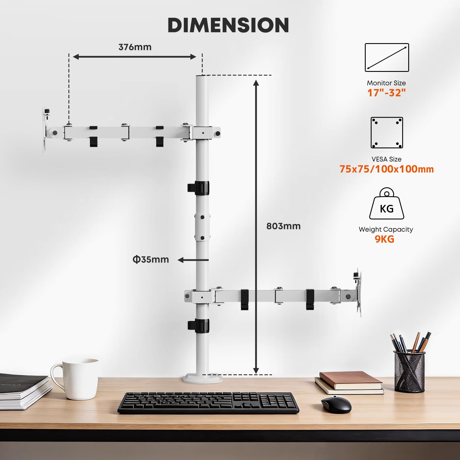 Supporto Doppio Monitor - Asta Extra Alta 80 cm per 2 Monitor 17-32" (fino a 9kg per braccio) VESA 75/100 - Braccio Orientabile, Inclinabile, Ruotabile - Impilamento Verticale