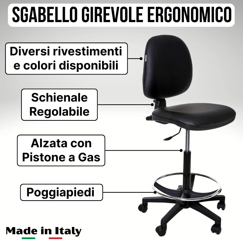 SGABELLO GIREVOLE, SEDILE E SCHIENALE CON RIVESTIMENTO, ELEVAZIONE A GAS, BASE E POGGIAPIEDI, CON PIEDINI O RUOTE, SCHIENALE REGOLABILE, CONTATTO PERMANENTE, PRODOTTO ITALIANO