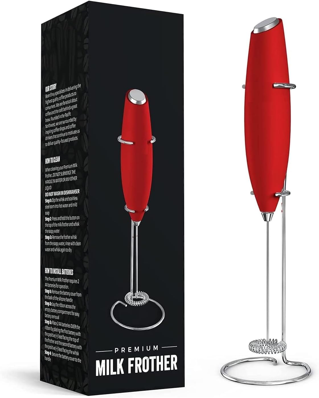Nikah's Housepie Powerful Handheld Milk Frother, Mini Milk Frother Wand, Battery Operated Stainless Steel Milk Frother Stand for Milk Coffee, Lattes, Cappuccino, Frappe, Matcha, Hot Chocolate (RED)