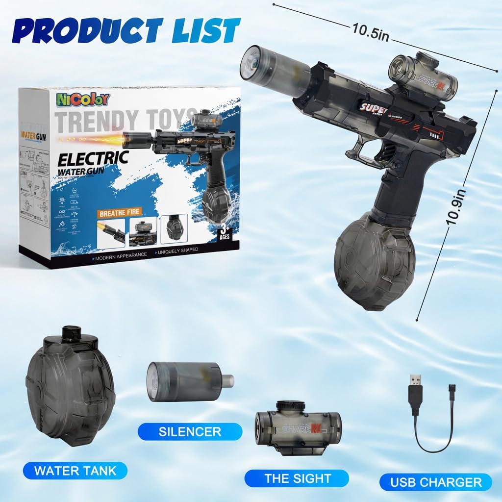 Electric Water Gun Fire Flash Upgraded, 320 Capacity Water Pistol Toy Squirt Gun for Kids Adults, Summer Outdoor Toy Yard Beach Swimming Water Play Toys (Black)