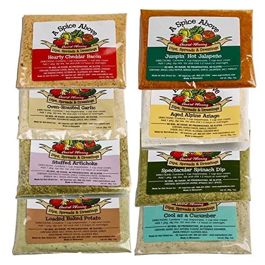 A Spice Above 8 Pack Variety of Dips, Gluten Free, Mixed Seasonings Packets for Easy, Quck-to-Make Appetizer Dips