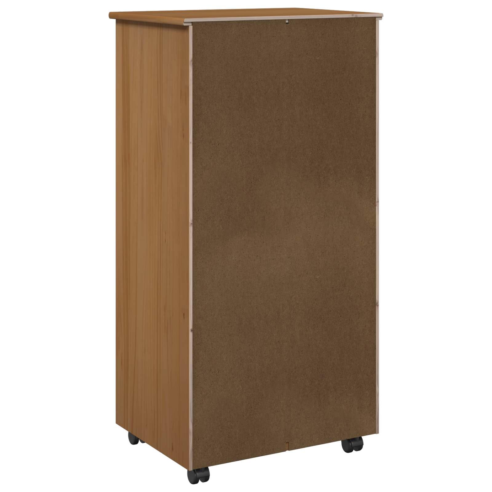 Szafka na kółkach miodowo-brązowa z litego drewna sosnowego z 7 półkami 53 x 39 x 103 cm, 5 szuflad, wkładane półki i rolki, uniwersalna szafka do przechowywania do biura, gospodarstwa