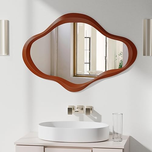 Miniatura 3 de Espejo de pared de nube irregular, espejos ondulados con marco de madera asimétrico, 24 x 32 pulgadas, moderno de mediados de siglo, espejo