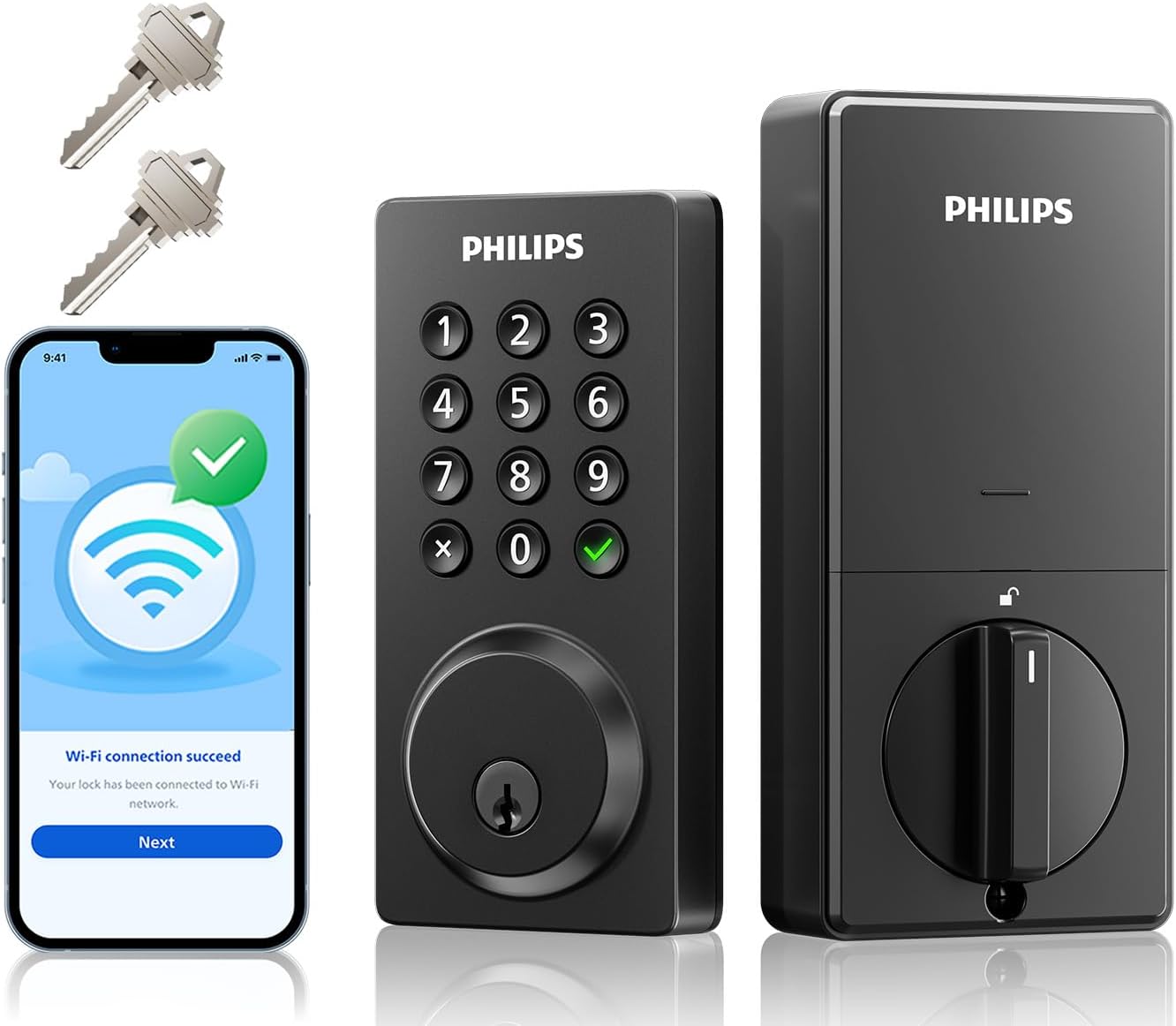 Philips Smart Lock, Smart Door Lock Built-in WiFi, App Remote Control, Keyless Entry Door Lock for Front Door, Deadbolt Lock Auto Lock, Support Alexa & Google, IP54 Waterproof, Black