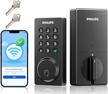 قفل ذكي من Philips، قفل باب ذكي مزود بشبكة WiFi مدمجة، جهاز تحكم عن بعد بالتطبيق، قفل باب دخول بدون مفتاح للباب الأمامي، قفل تلقائي Deadbolt Lock، يدعم Alexa وGoogle، مقاوم للماء IP54، أسود