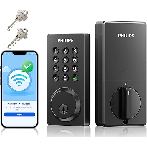 Philips Smart Lock, Smart Door Lock Built-in WiFi, App Remote Control, Keyless Entry Door Lock for Front Door, Deadbolt Lock Auto Lock, Support Alexa & Google, IP54 Waterproof, Black