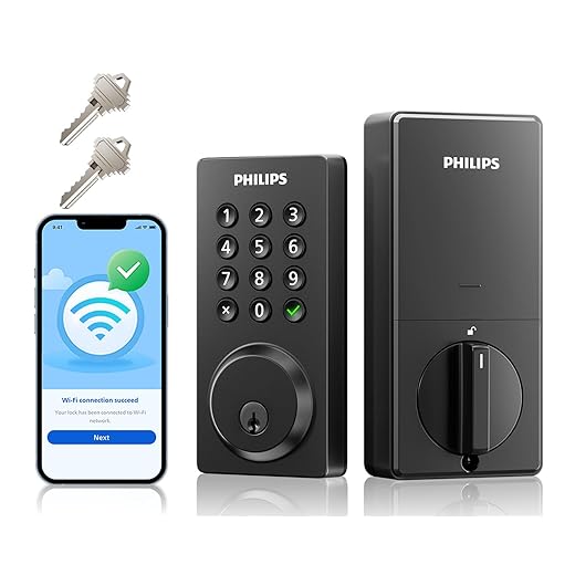 Philips Smart Lock, Smart Door Lock Built-in WiFi, App Remote Control, Keyless Entry Door Lock for Front Door, Deadbolt Lock Auto Lock, Support Alexa & Google, IP54 Waterproof, Black