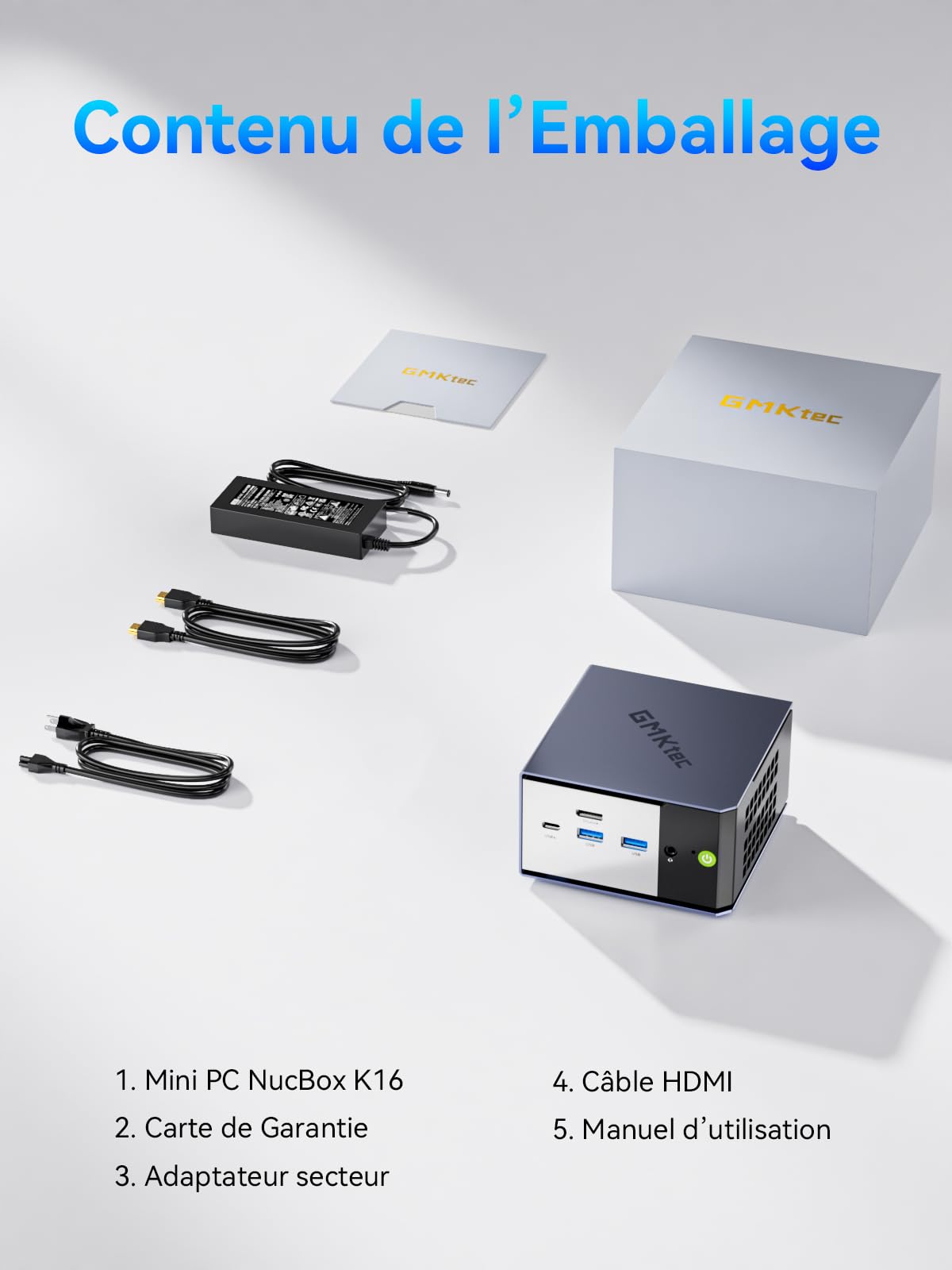 Mini PC GMKtec K16 AMD Ryzen 7 7735HS (8C/16T, 4,75 GHz) Micro PC avec 32 Go DDR5 6400, 512 Go SSD PCIe 3.0 avec Double LAN 2,5G, OcuLink, triple affichage 4K (HDMI 2.0+DP 1.4+Type-C), AMD Radeon 680M