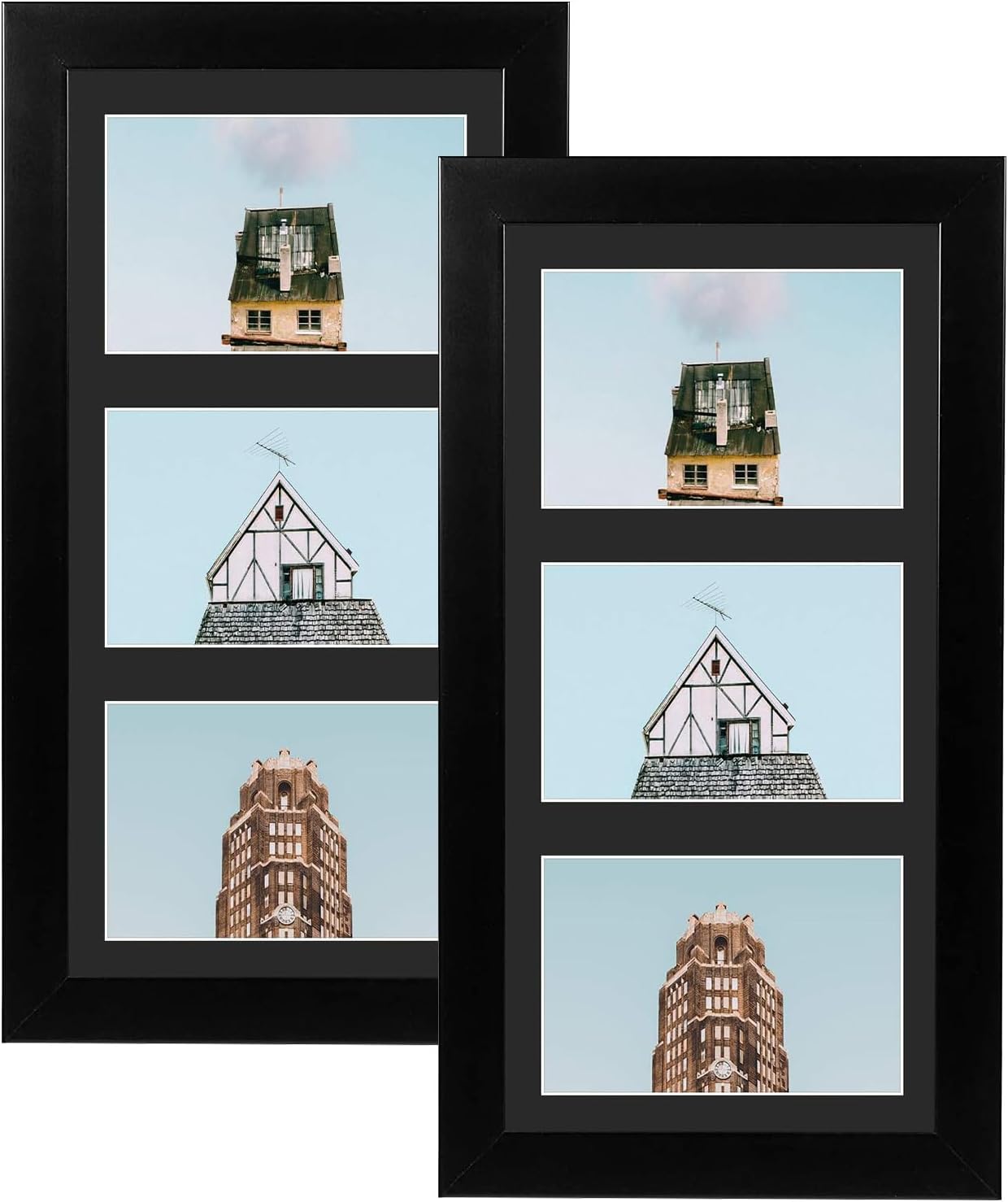 Golden State Art, Set of 2, 7x14 Wood Frame for Three 4x6 Picture - Black with 3-Opening Black Mat Color - Portrait or Landscape Wall Mounting Sturdy And Easy To Install Real Glass Front (Black, Wood)