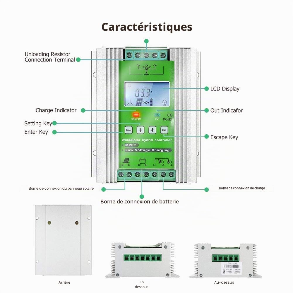 SolaMr 1000W MPPT Contrôleur de Charge Hybride Solaire Éolien 12V/24V avec Afficheur LCD - Solaire: 400W + Éolien: 600W