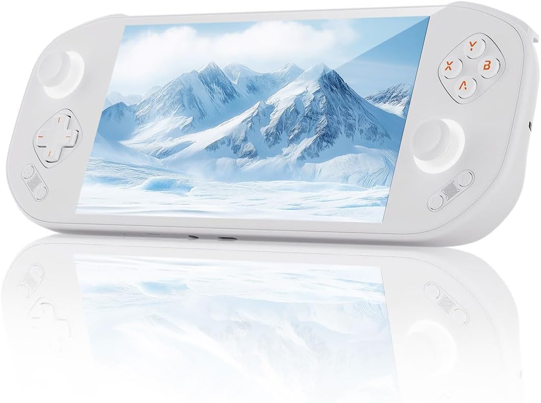 Mangmi Pocket Max Game Console,7 Inch OLED Android 13 System 8000mAh Battery Video Games Consoles,with DDR4+128G TF Card and Wireless Networt Console Casual Game Console RGB Joystick/6-Axis(White)