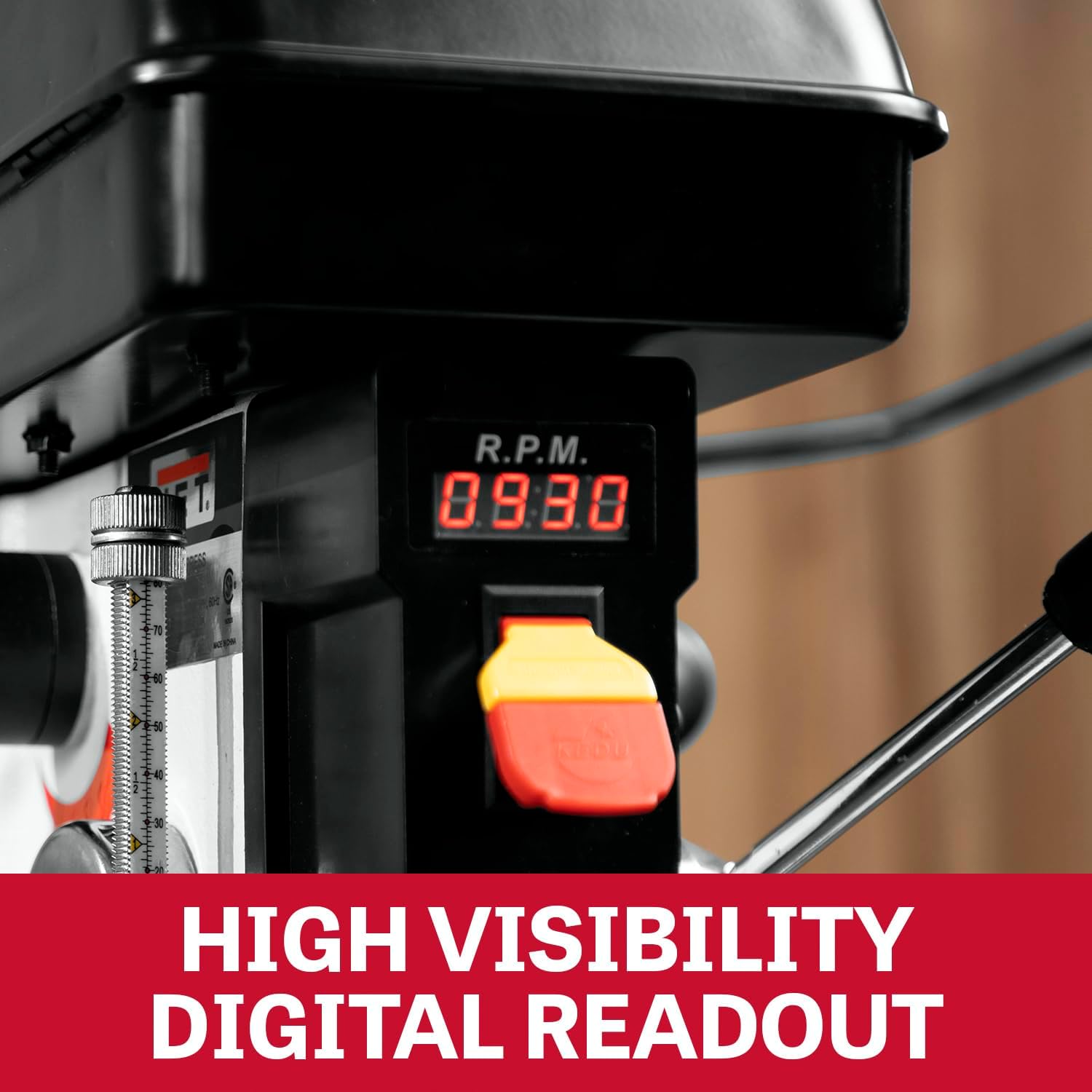 Close-up of the JET JWDP-12 drill press control panel with digital RPM readout and power switch