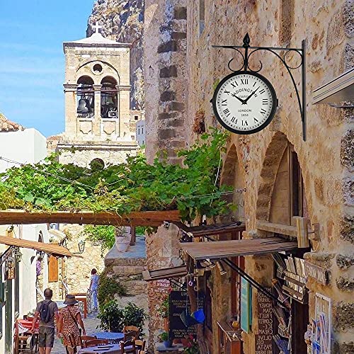 Wrought Iron Antique-Look Brown Round Wall Hanging Double Sided Two Faces Retro Station Clock Round Chandelier Wall Hanging Clock With Scroll Wall Side Mount Home Décor Wall Clock (Black+White) #TOP4