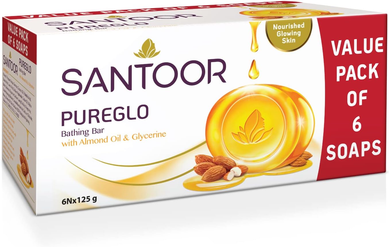 Santoor Pureglo Glycerine Bath Soap With Almond Oil For Moisturized, Nourished And Shining Skin, Combo Offer 125G Pack Of 6