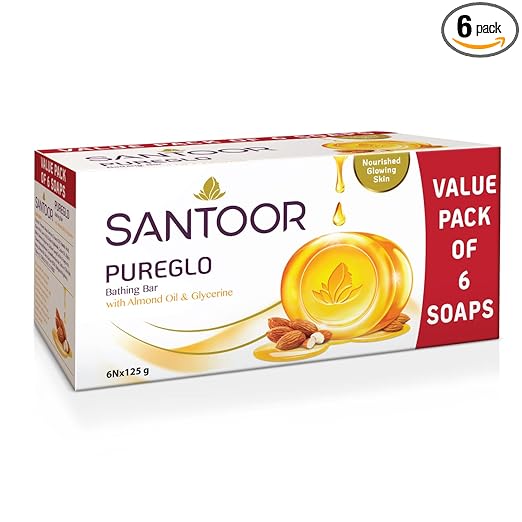 Santoor PureGlo Glycerine Bath Soap with Almond Oil for Moisturized, Nourished and Shining Skin, 125g (Pack of 6) at Rs. 243